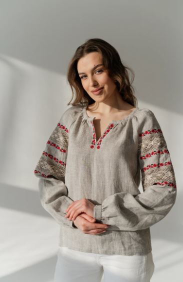 Hand-Embroidered Beige Folk Cotton Tunic Top – Red Floral Puff Sleeve Boho Top