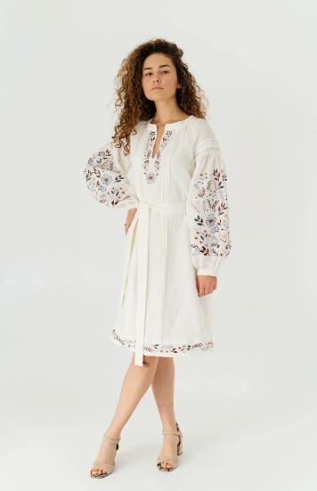 White Hand-Embroidered Floral Cotton Midi Dress for Women – Boho Puff Sleeve Folk Embroidery Dress