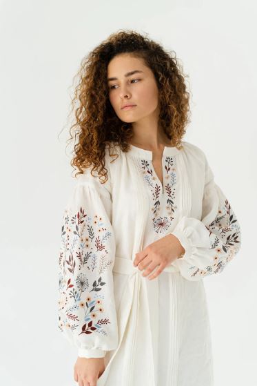 White Hand-Embroidered Floral Cotton Midi Dress for Women – Boho Puff Sleeve Folk Embroidery Dress