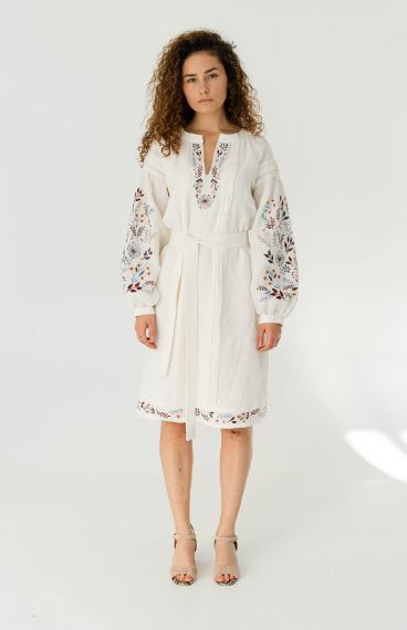 White Hand-Embroidered Floral Cotton Midi Dress for Women – Boho Puff Sleeve Folk Embroidery Dress