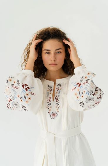 White Hand-Embroidered Floral Cotton Midi Dress for Women – Boho Puff Sleeve Folk Embroidery Dress