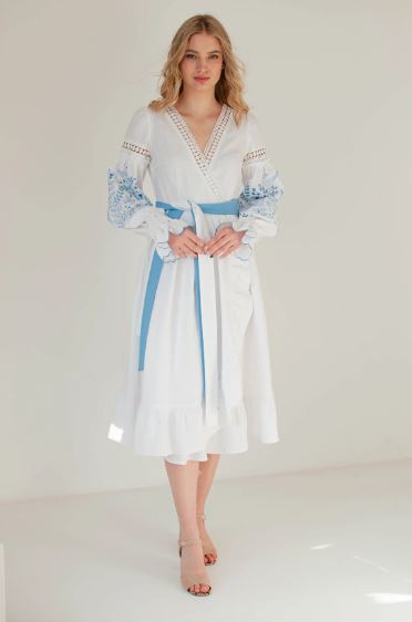 White Hand-Embroidered Cotton Midi Dress for Women – Blue Folk Bird Floral Puff Sleeve Boho Wrap Dress