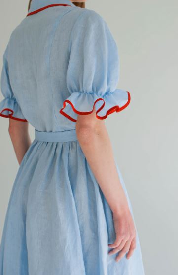 Light Blue Hand-Embroidered Cotton Midi Dress for Women – Red Trim Puff Sleeve Peter Pan Collar Boho Dress
