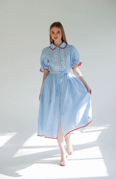 Light Blue Hand-Embroidered Cotton Midi Dress for Women – Red Trim Puff Sleeve Peter Pan Collar Boho Dress