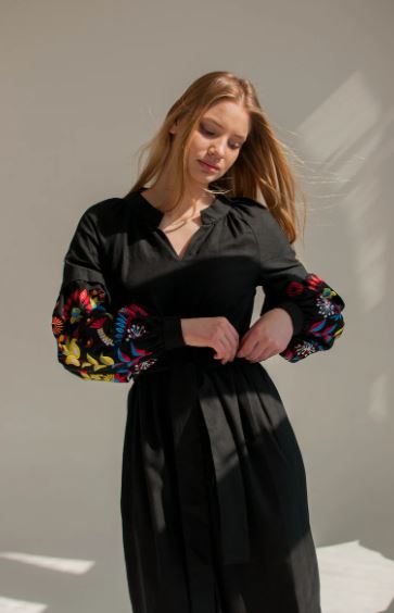 Black Hand-Embroidered Cotton Midi Dress for Women – Boho Floral Puff Sleeve Belted Dress