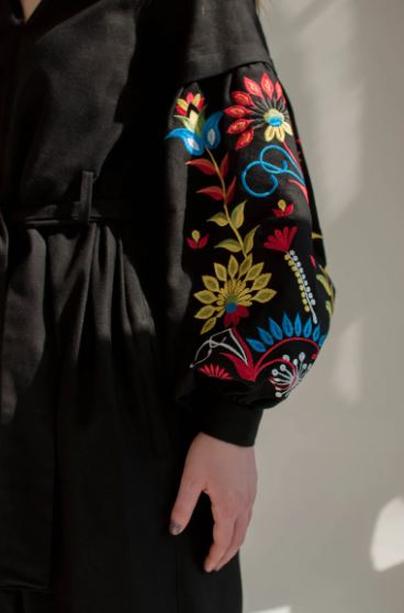 Black Hand-Embroidered Cotton Midi Dress for Women – Boho Floral Puff Sleeve Belted Dress
