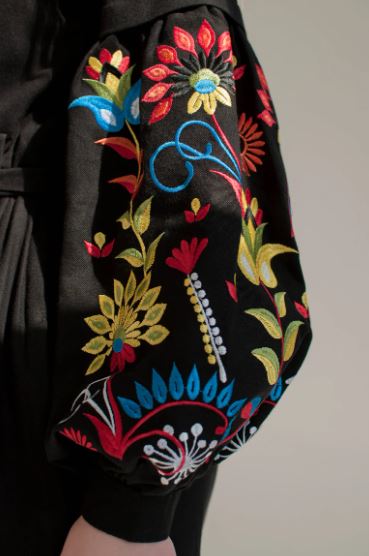Black Hand-Embroidered Cotton Midi Dress for Women – Boho Floral Puff Sleeve Belted Dress