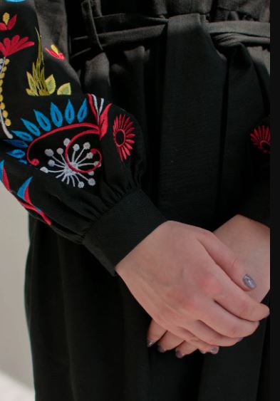 Black Hand-Embroidered Cotton Midi Dress for Women – Boho Floral Puff Sleeve Belted Dress