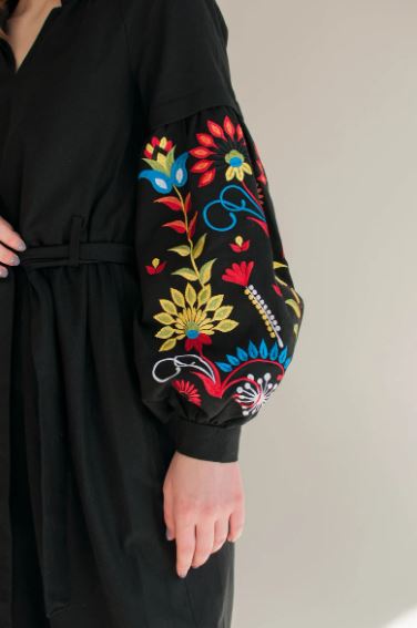Black Hand-Embroidered Cotton Midi Dress for Women – Boho Floral Puff Sleeve Belted Dress