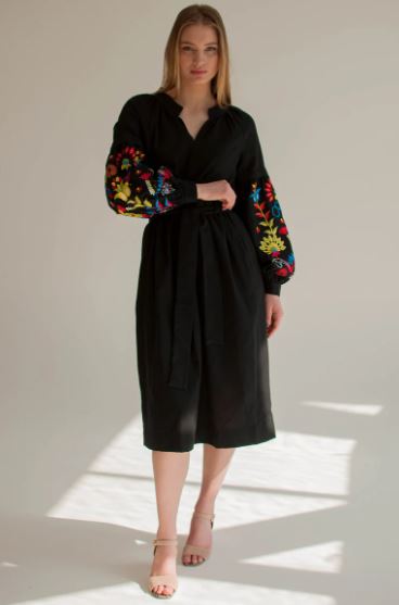 Black Hand-Embroidered Cotton Midi Dress for Women – Boho Floral Puff Sleeve Belted Dress
