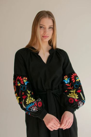 Black Hand-Embroidered Cotton Midi Dress for Women – Boho Floral Puff Sleeve Belted Dress