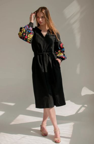 Black Hand-Embroidered Cotton Midi Dress for Women – Boho Floral Puff Sleeve Belted Dress
