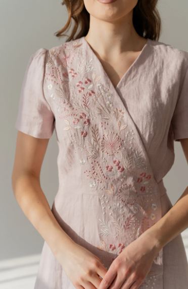 Blush Pink Hand-Embroidered Cotton Wrap Midi Dress for Women – Floral Puff Sleeve Cottagecore Dress