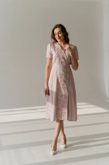 Blush Pink Hand-Embroidered Cotton Wrap Midi Dress for Women – Floral Puff Sleeve Cottagecore Dress