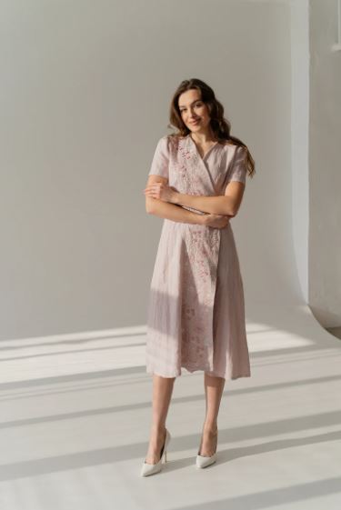Blush Pink Hand-Embroidered Cotton Wrap Midi Dress for Women – Floral Puff Sleeve Cottagecore Dress