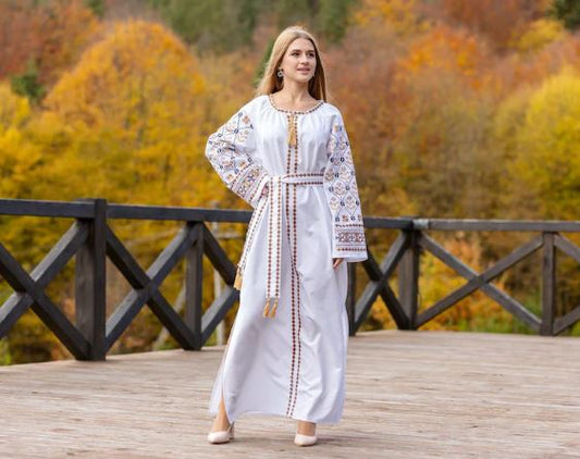 White Hand-Embroidered Cotton Maxi Dress for Women – Boho Folk Tassel Sleeve Vyshyvanka Style