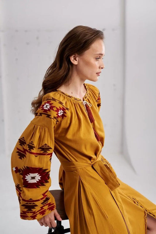 Mustard Yellow Hand-Embroidered Cotton Maxi Dress for Women – Boho Folk Geometric Tassel Belted Dress