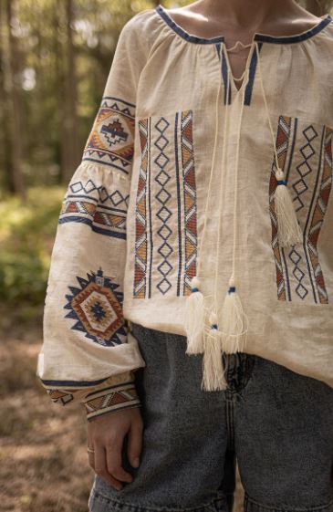Hand-Embroidered Cream Folk Cotton Tops Blouse – Geometric Puff Sleeve Boho Top with Tassels
