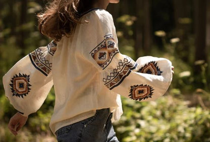 Hand-Embroidered Cream Folk Cotton Tops Blouse – Geometric Puff Sleeve Boho Top with Tassels