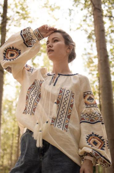 Hand-Embroidered Cream Folk Cotton Tops Blouse – Geometric Puff Sleeve Boho Top with Tassels