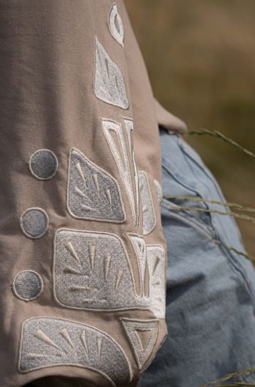 Hand-Embroidered Beige Geometric Cotton Blouse Top – White Leaf Puff Sleeve Boho Top with Tassels