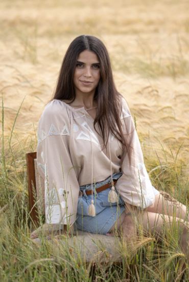 Hand-Embroidered Beige Geometric Cotton Blouse Top – White Leaf Puff Sleeve Boho Top with Tassels
