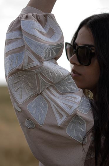Hand-Embroidered Beige Geometric Cotton Blouse Top – White Leaf Puff Sleeve Boho Top with Tassels