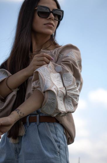 Hand-Embroidered Beige Geometric Cotton Blouse Top – White Leaf Puff Sleeve Boho Top with Tassels