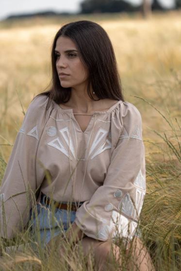 Hand-Embroidered Beige Geometric Cotton Blouse Top – White Leaf Puff Sleeve Boho Top with Tassels