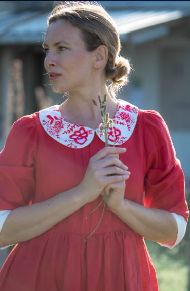 Red Hand-Embroidered Cotton Midi Dress for Women – Peter Pan Collar Folk Boho Dress