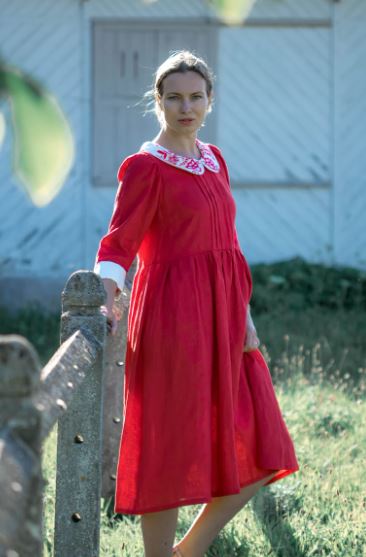 Red Hand-Embroidered Cotton Midi Dress for Women – Peter Pan Collar Folk Boho Dress