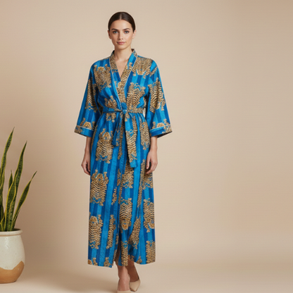 Pikaru Fashion Women's Cotton Kimono Robe & Maxi Kaftan - Hand-Printed Tiger & Stripe Collection - Luxury Loungewear & Resort Wear