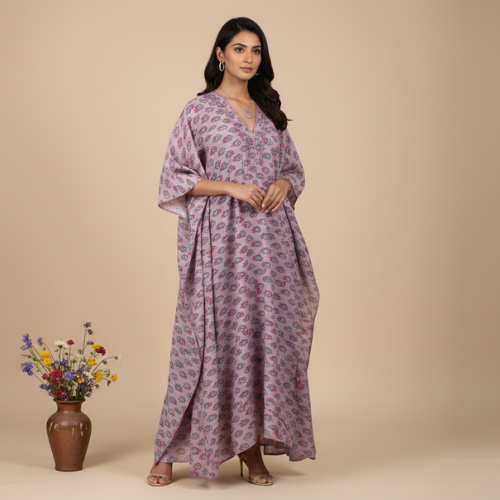 Pikaru Fashion Women's Purple Cotton Tiger Print Kaftan - Striped Bohemian Beachwear - Luxury Resort Loungewear Collection