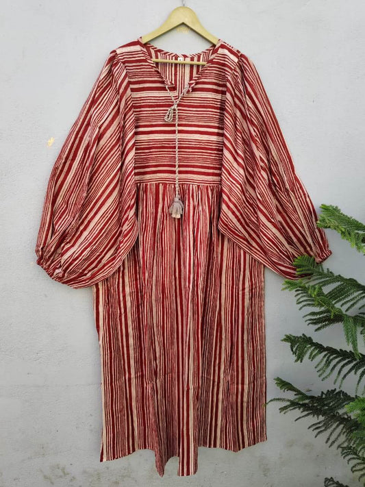 Red Striped Boho Maxi Dress with Balloon Sleeves & Tassel Tie Neck
