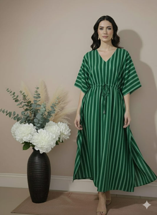 Emerald Green Striped Cotton Kaftan Dress – V-Neck Kimono Sleeve Midi Dress with Drawstring Waist