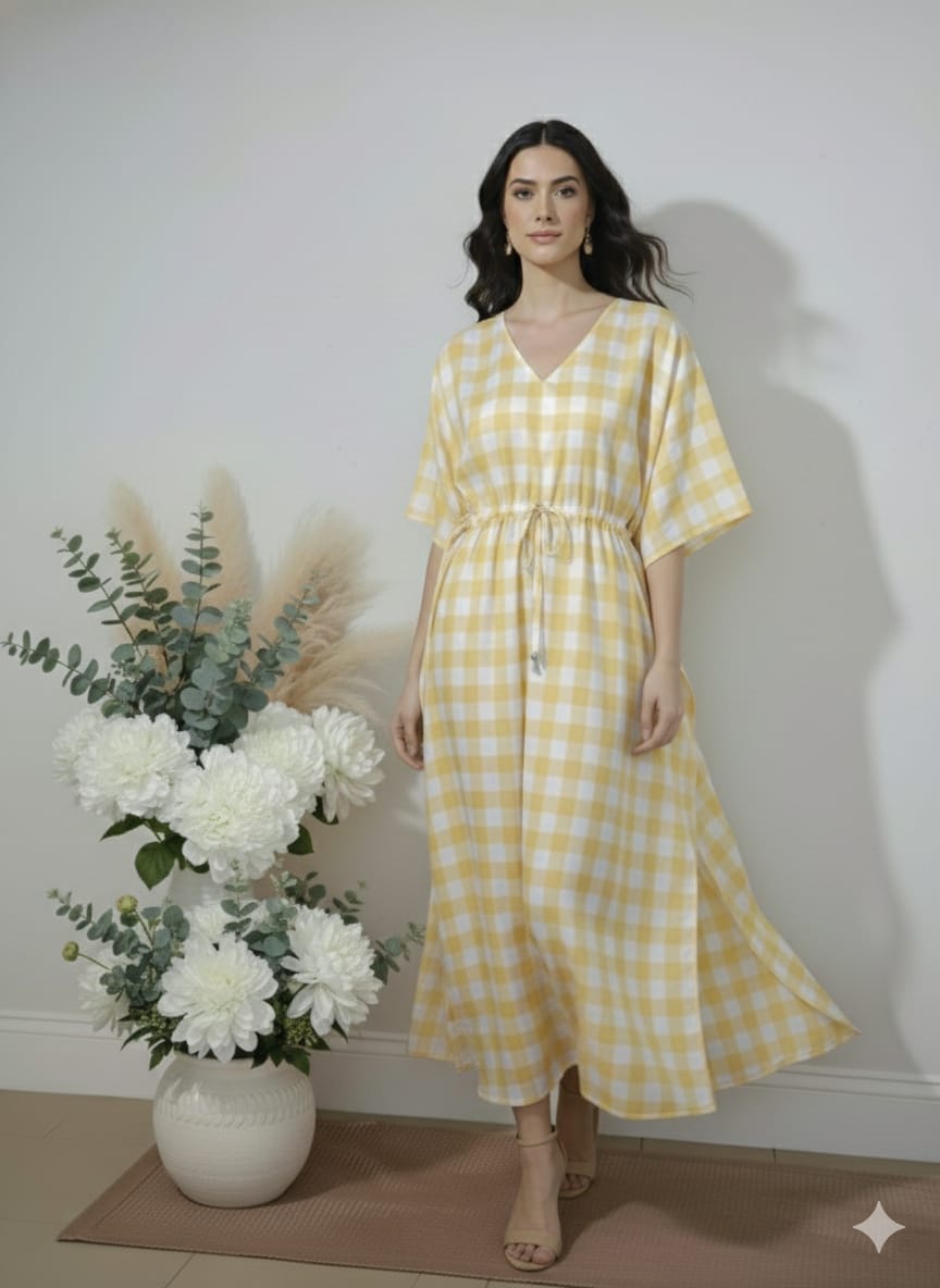 Yellow Gingham Cotton Kaftan Dress – V-Neck Kimono Sleeve Midi Dress with Drawstring Waist