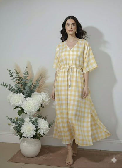 Yellow Gingham Cotton Kaftan Dress – V-Neck Kimono Sleeve Midi Dress with Drawstring Waist