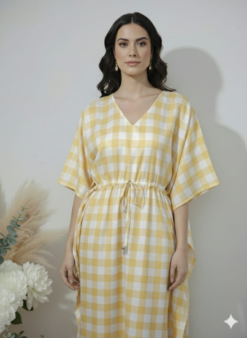 Yellow Gingham Cotton Kaftan Dress – V-Neck Kimono Sleeve Midi Dress with Drawstring Waist