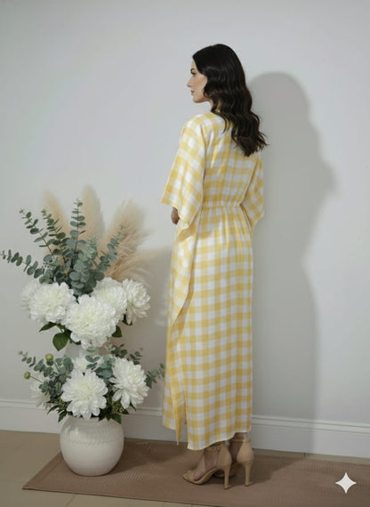 Yellow Gingham Cotton Kaftan Dress – V-Neck Kimono Sleeve Midi Dress with Drawstring Waist