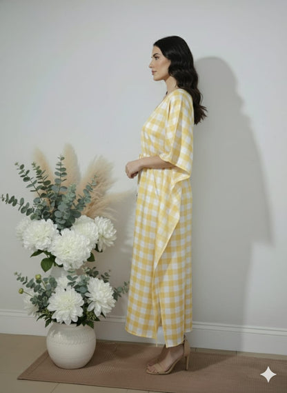 Yellow Gingham Cotton Kaftan Dress – V-Neck Kimono Sleeve Midi Dress with Drawstring Waist