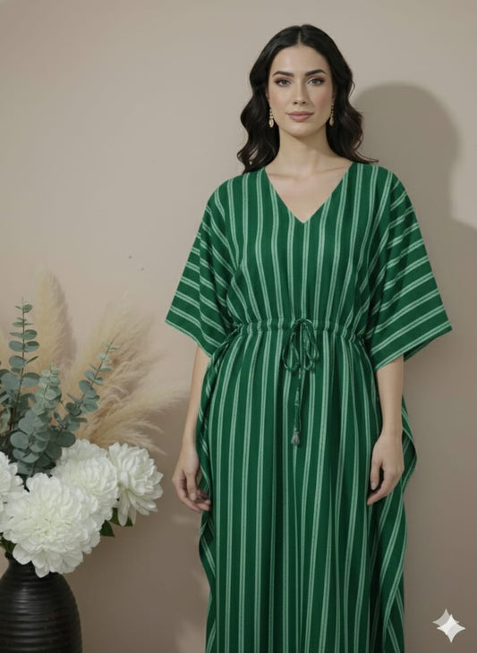 Emerald Green Striped Cotton Kaftan Dress – V-Neck Kimono Sleeve Midi Dress with Drawstring Waist