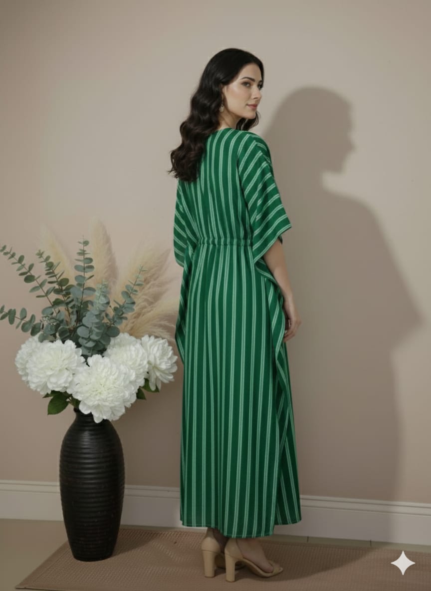 Emerald Green Striped Cotton Kaftan Dress – V-Neck Kimono Sleeve Midi Dress with Drawstring Waist