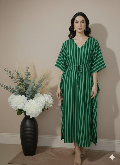 Emerald Green Striped Cotton Kaftan Dress – V-Neck Kimono Sleeve Midi Dress with Drawstring Waist