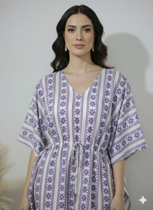 Purple & White Printed Cotton Kaftan Dress – V-Neck Kimono Sleeve Midi Dress with Drawstring Waist