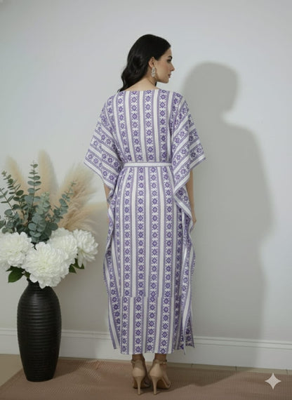 Purple & White Printed Cotton Kaftan Dress – V-Neck Kimono Sleeve Midi Dress with Drawstring Waist
