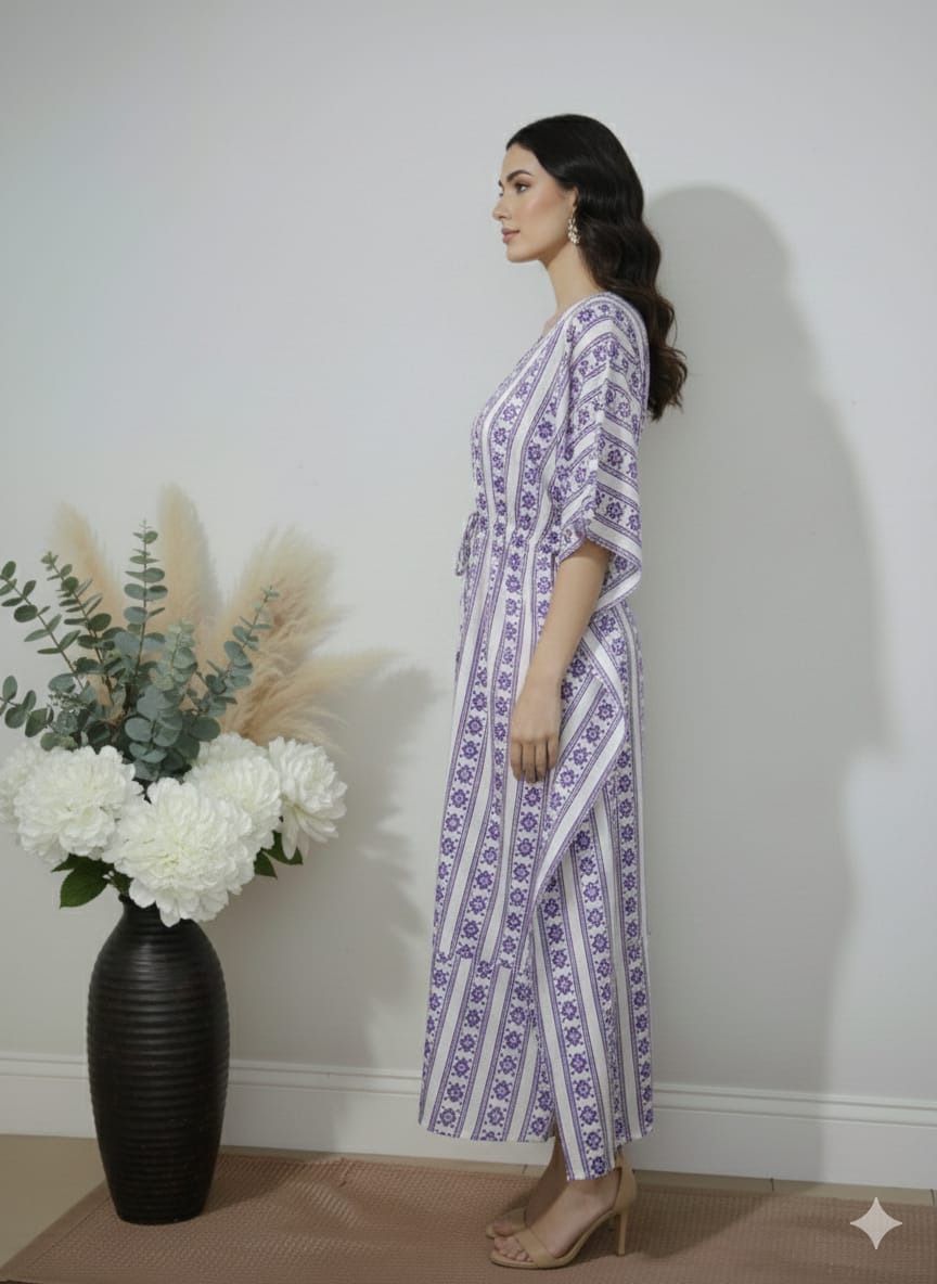 Purple & White Printed Cotton Kaftan Dress – V-Neck Kimono Sleeve Midi Dress with Drawstring Waist