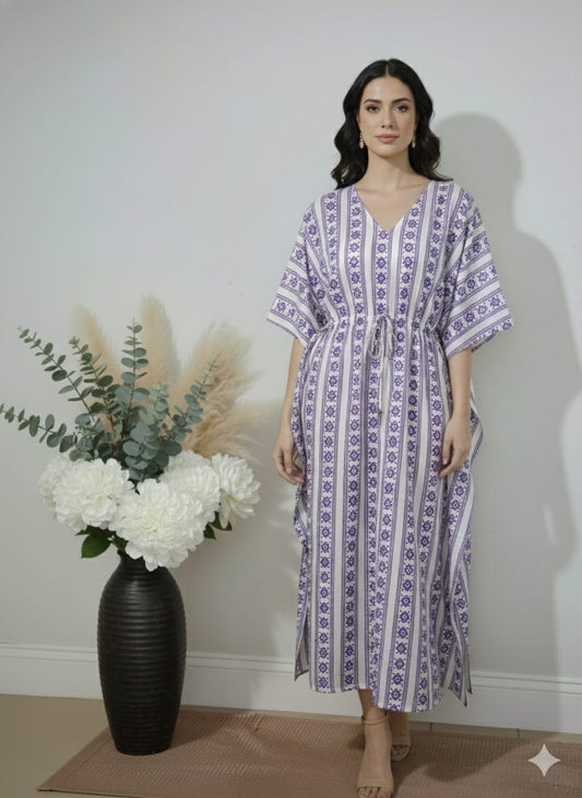 Purple & White Printed Cotton Kaftan Dress – V-Neck Kimono Sleeve Midi Dress with Drawstring Waist