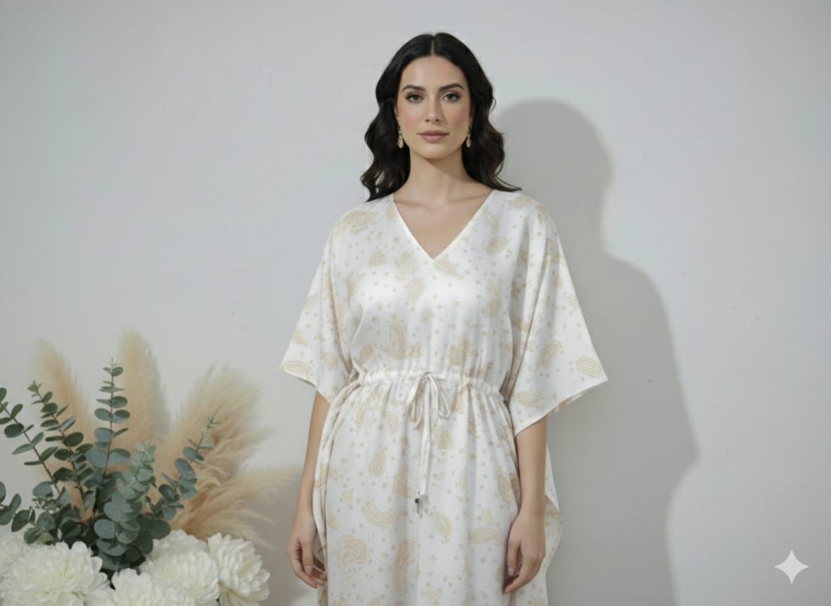 White Paisley Printed Cotton Kaftan Dress – V-Neck Kimono Sleeve Midi Dress with Drawstring Waist