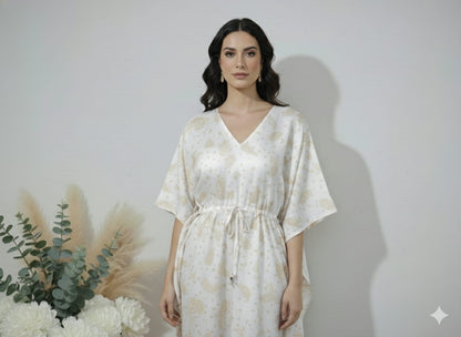 White Paisley Printed Cotton Kaftan Dress – V-Neck Kimono Sleeve Midi Dress with Drawstring Waist