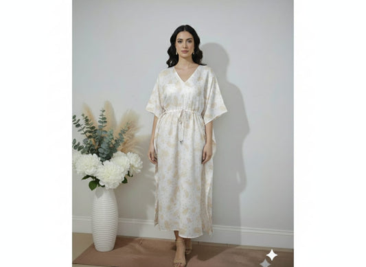 White Paisley Printed Cotton Kaftan Dress – V-Neck Kimono Sleeve Midi Dress with Drawstring Waist